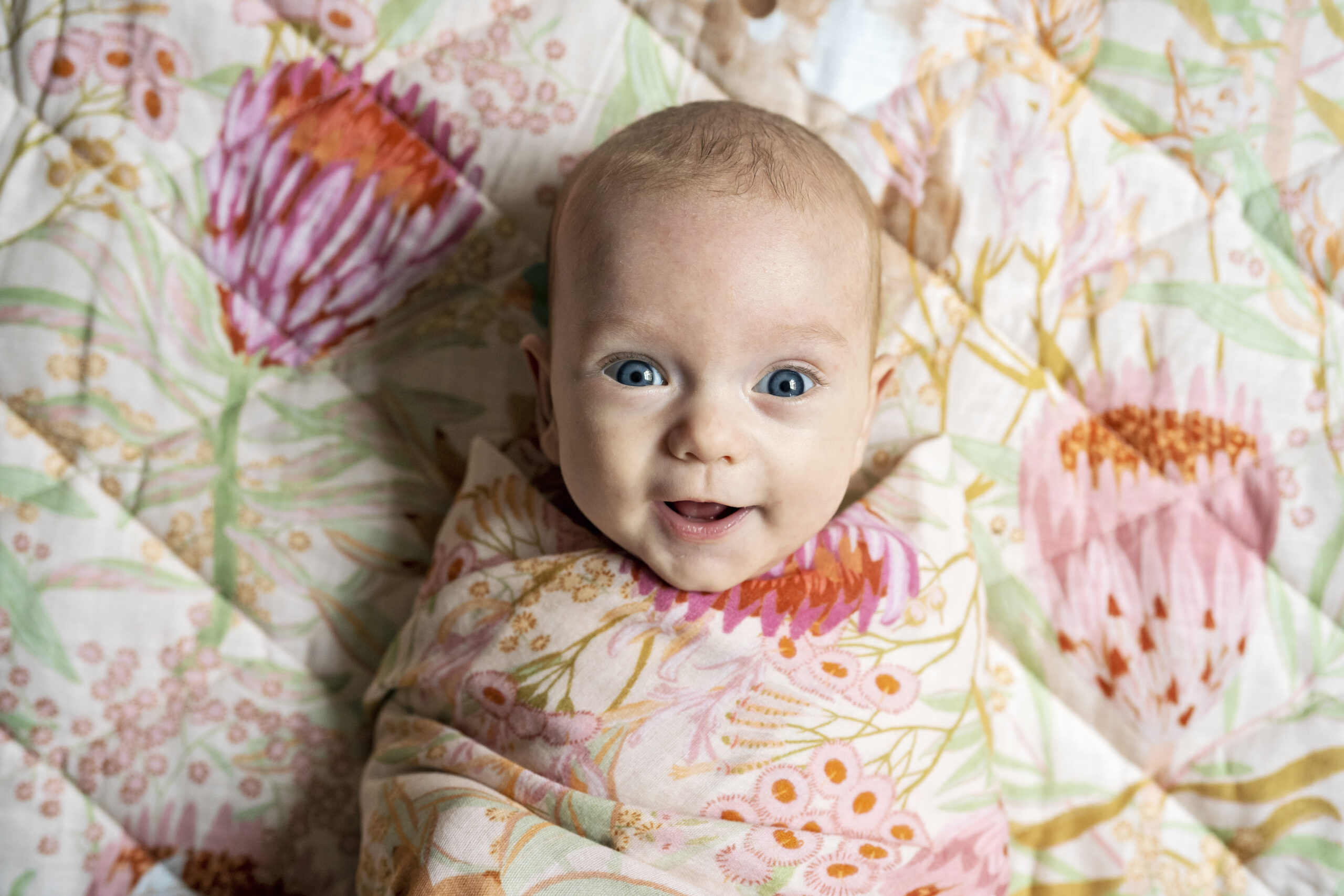 Newborn baby girl swaddled in Australian print muslin during newborn photo shoot at home in London