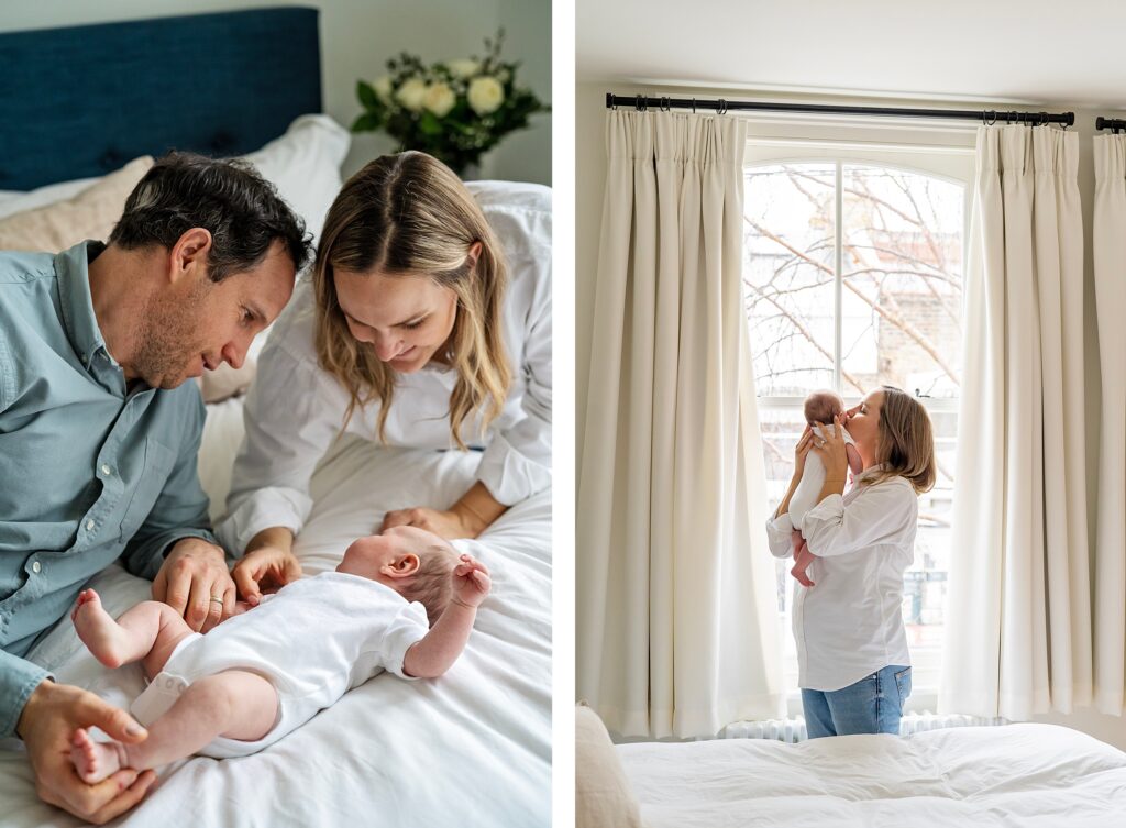 New parents look at their newborn baby girl during an at home newborn photo shoot in London
