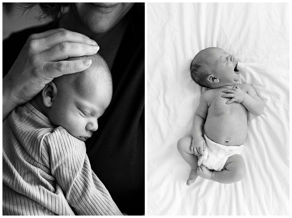 Two images of a 2 week old baby boy being held in his mothers arms and yawning while asleep. Photo to show the best time to have newborn photographs taken.