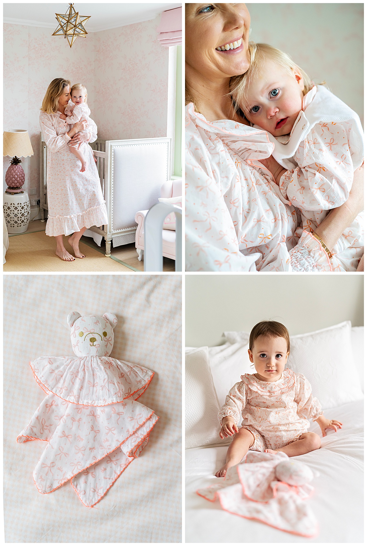 A mother and baby wearing mummy and me nightwear cuddle during a lifestyle product shoot for Heidi Rose London.