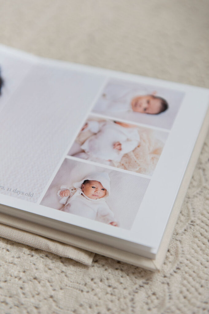 A beautiful heirloom album with images of a newborn
