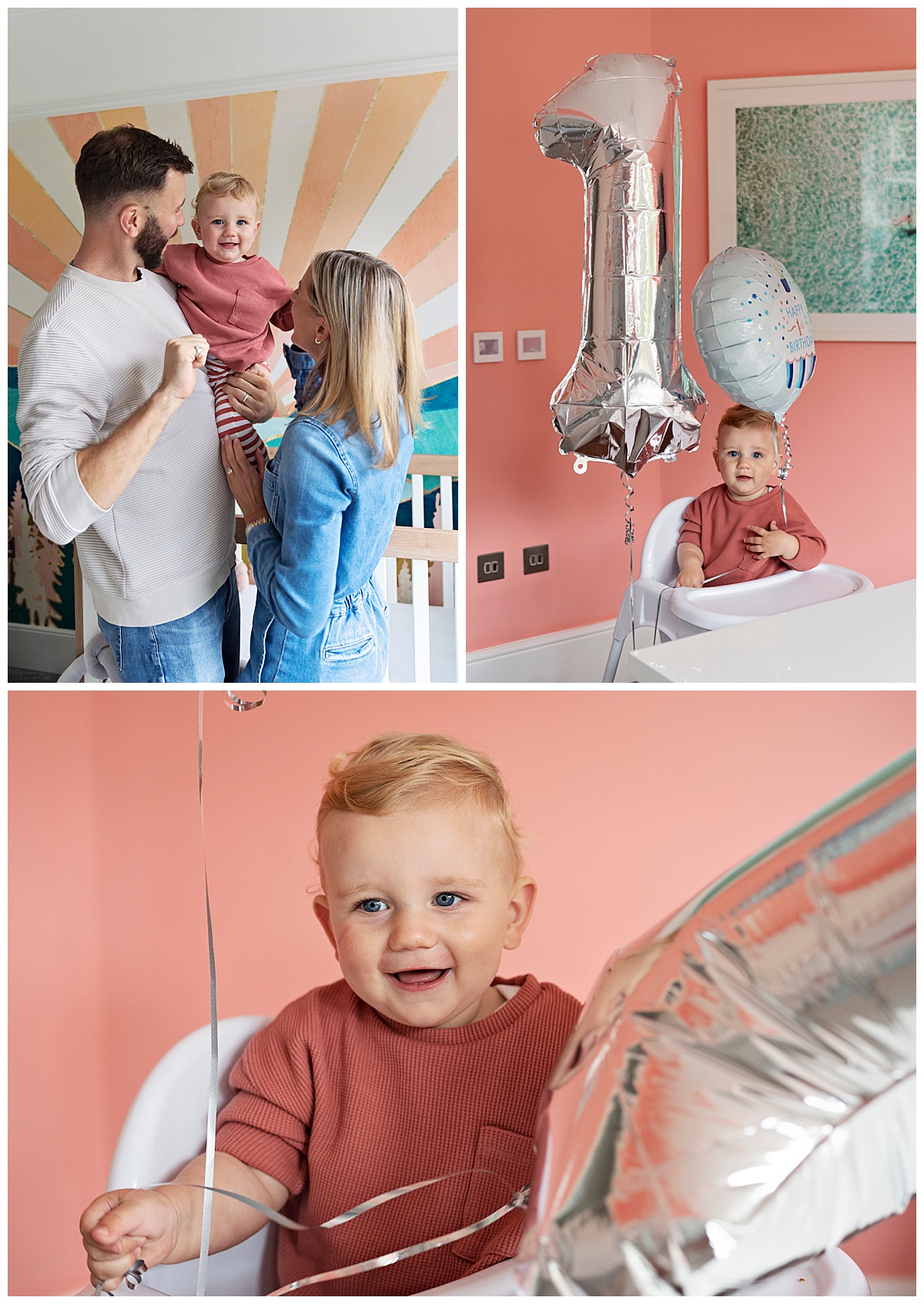 A young child holding a number one party balloon as he poses for his first birthday photo shoot