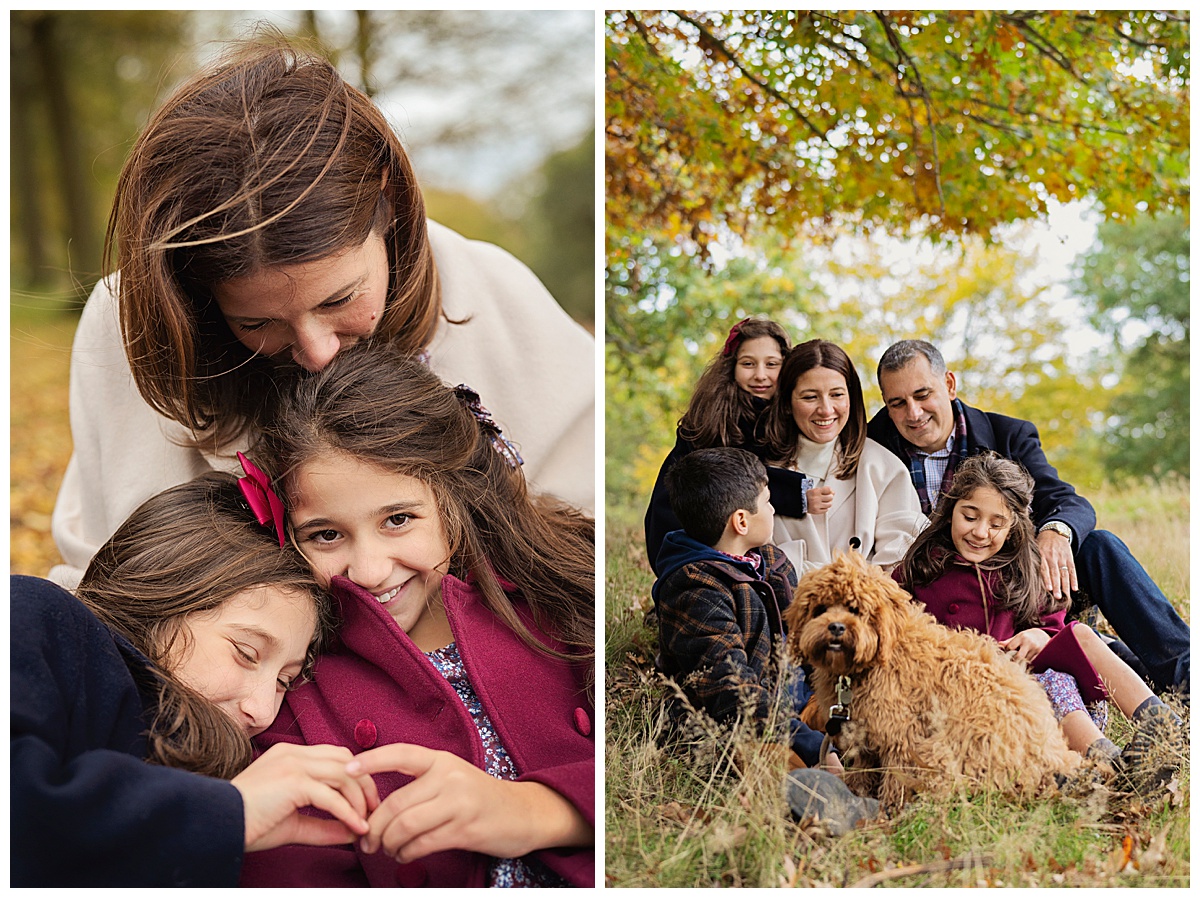 Autumn photo shoot in Richmond Park, London with a family of 5 cuddling in the fall colours with their pet dog
