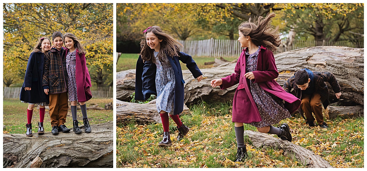 Image of three young children jumping off a fallen tree. This image is to give readers some Autumn Photoshoot Outfit Ideas in Richmond Park, south west London