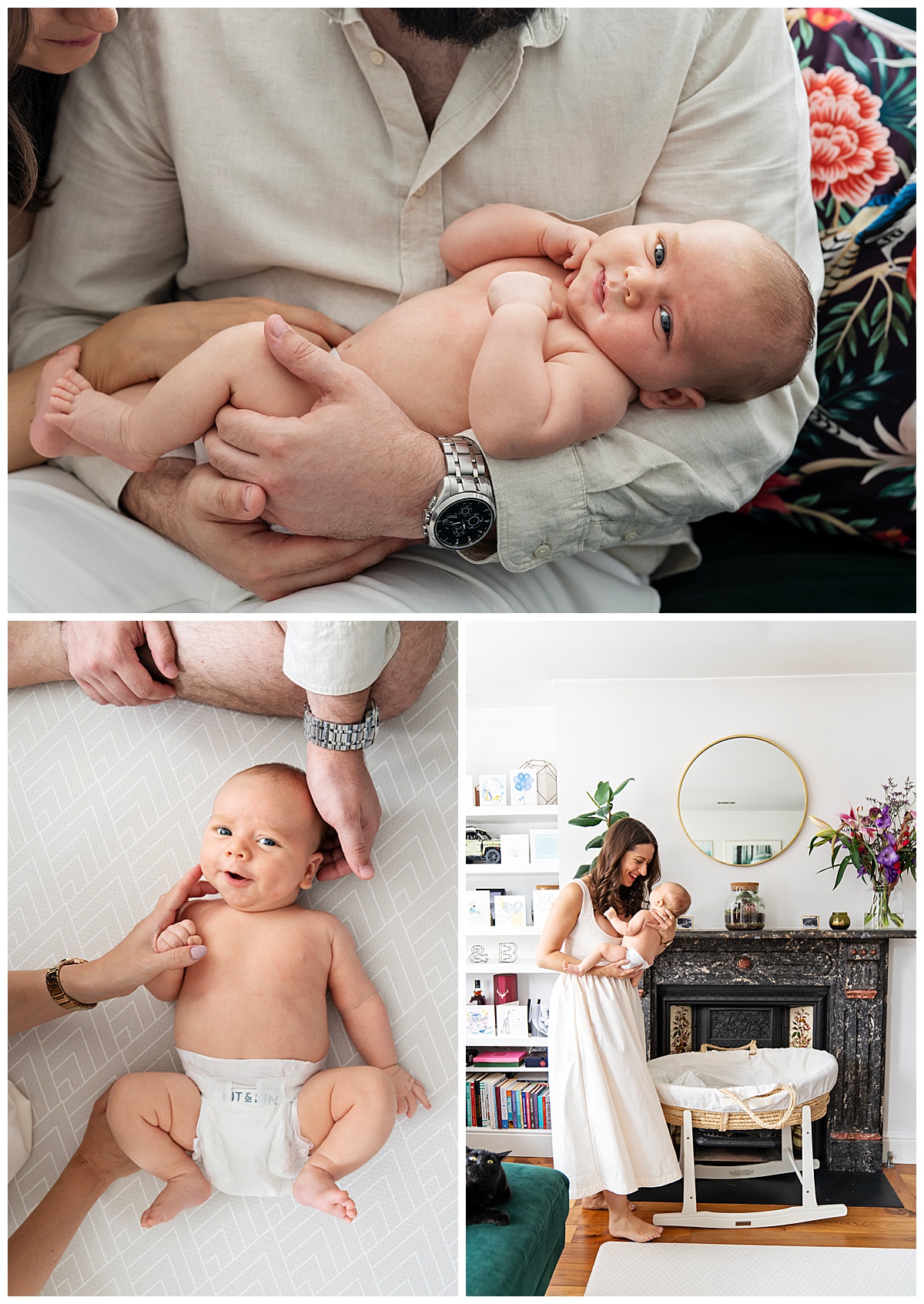 An almost 7 week old baby boy being held by is father during an at home newborn photo shoot. Photo shows its never too late to have a newborn photo shoot.
